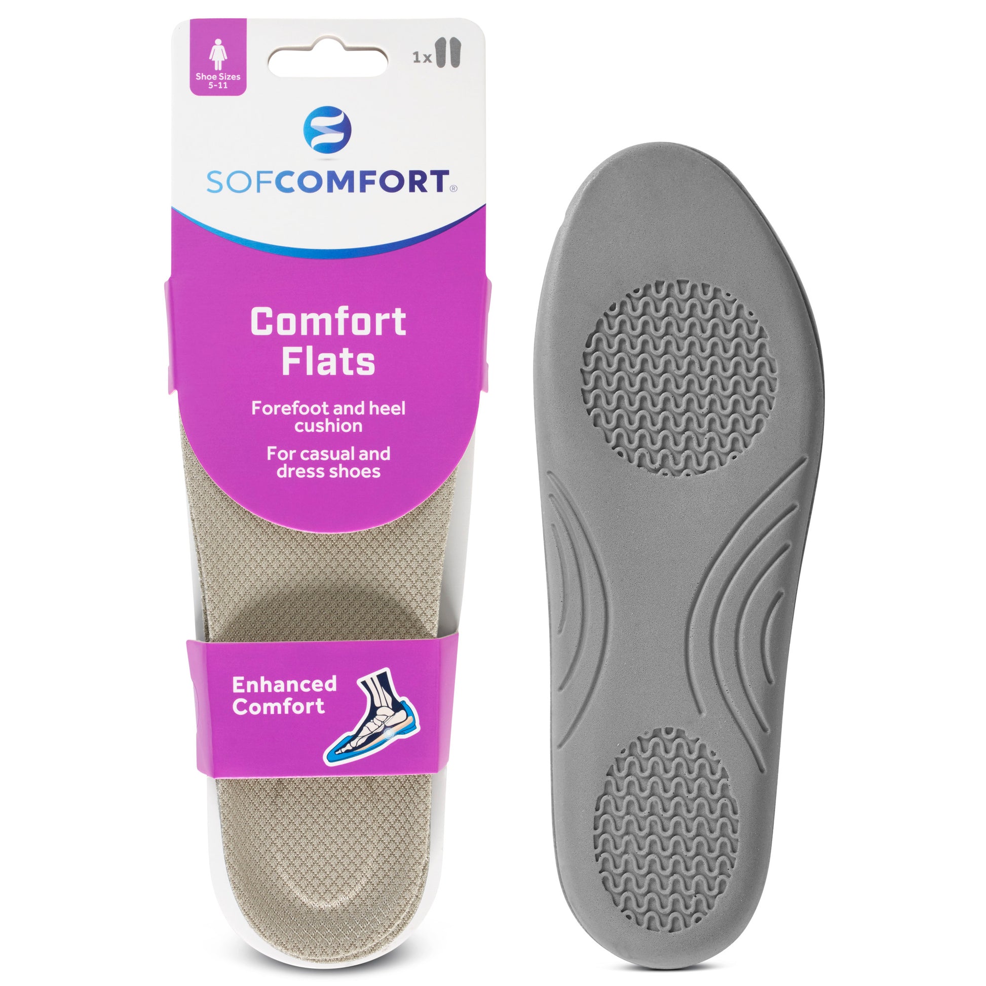 A gray cushioned foam insert lies beside a shoe with a purple and white packaging, designed for comfort in dress shoes.
