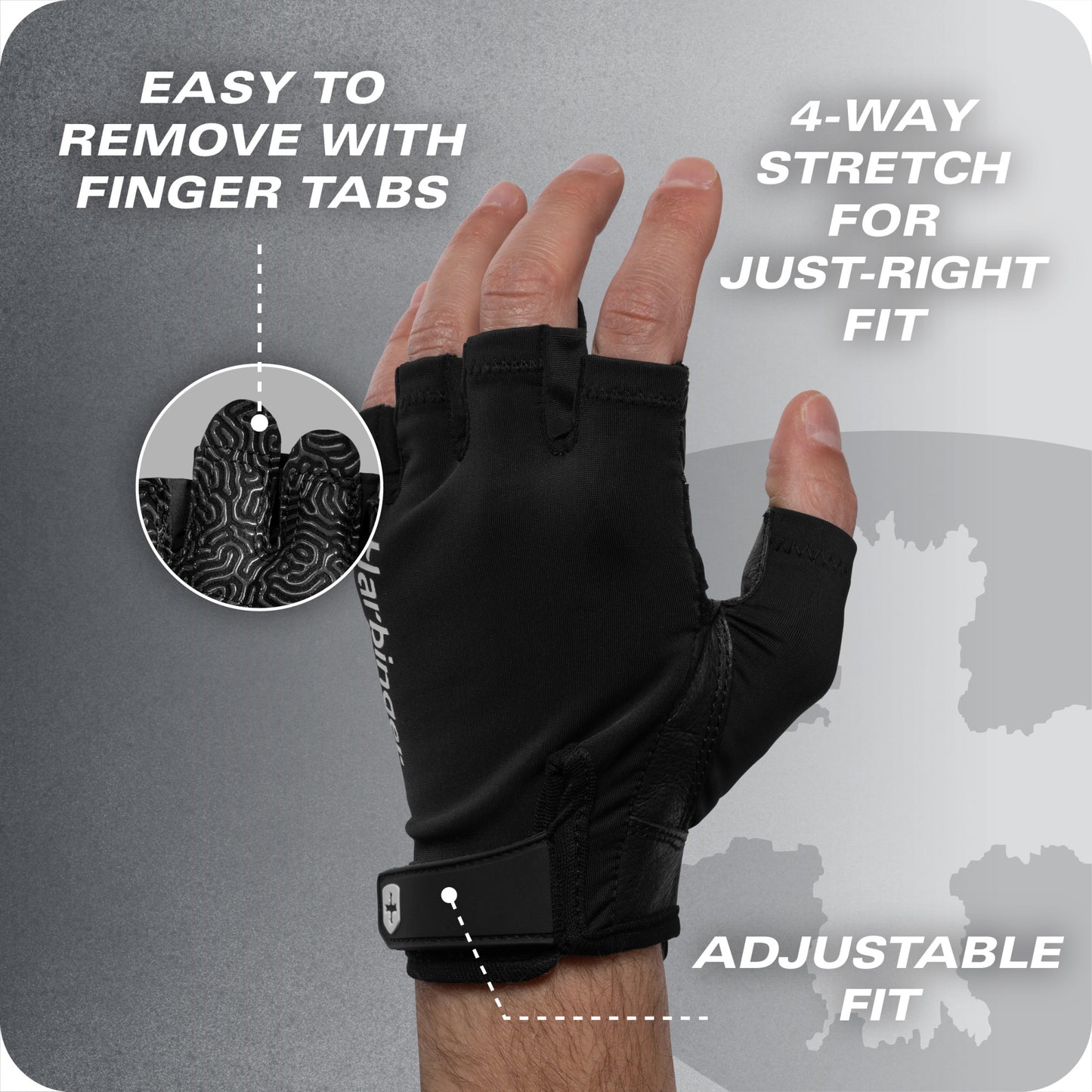 The fingerless glove adjusts for fit with stretch and removable finger tabs.