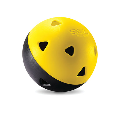 A yellow and black climbing helmet with ventilation holes on a plain white background