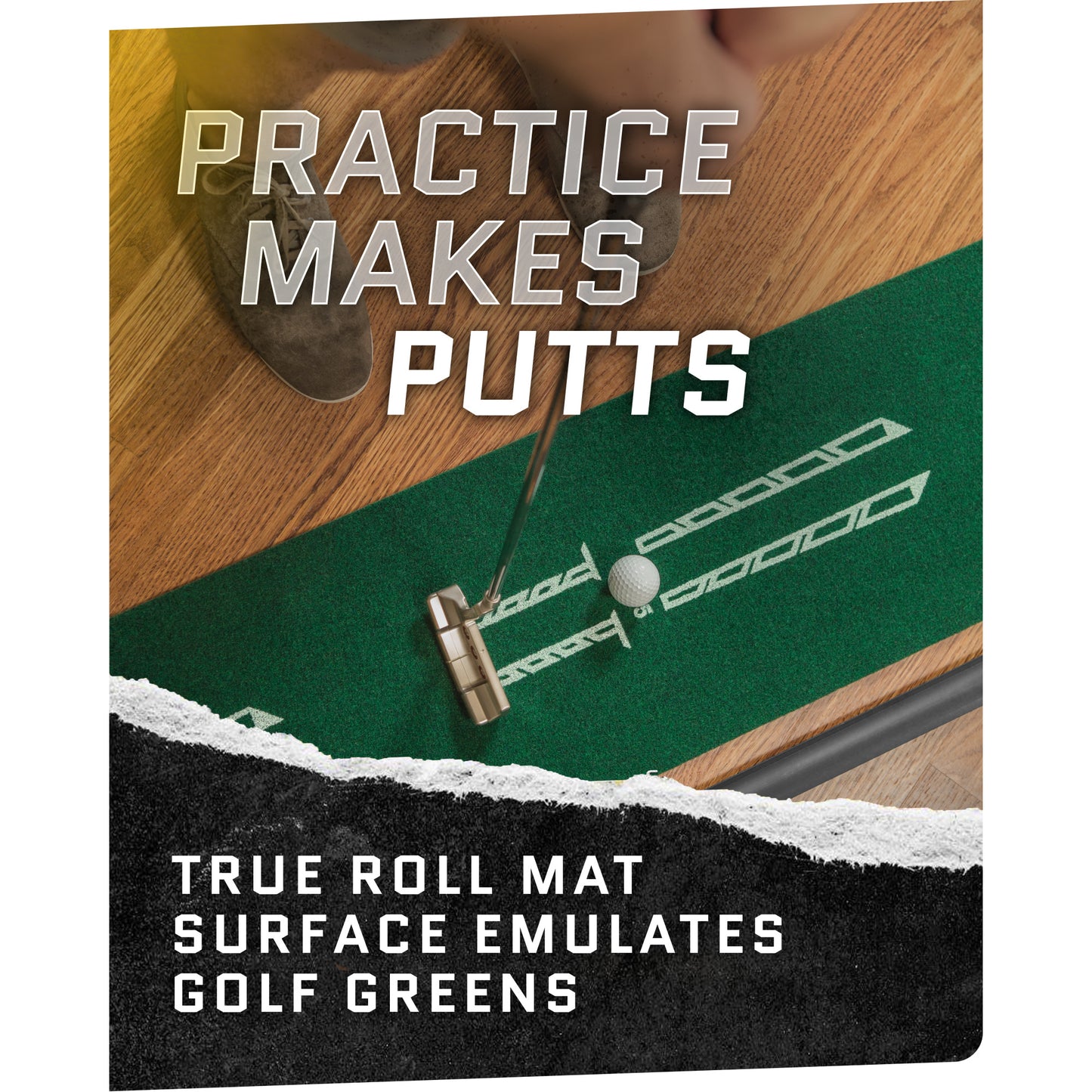 Golf club hits ball on green practicing putting on surface emulating golf greens