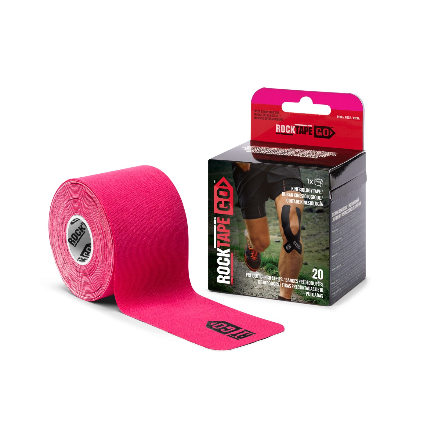 A pink kinesiology tape roll is displayed next to its black and pink packaging, used for sports therapy