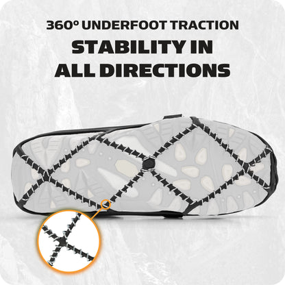 The underfoot traction device stabilizes shoes in all directions on a textured surface