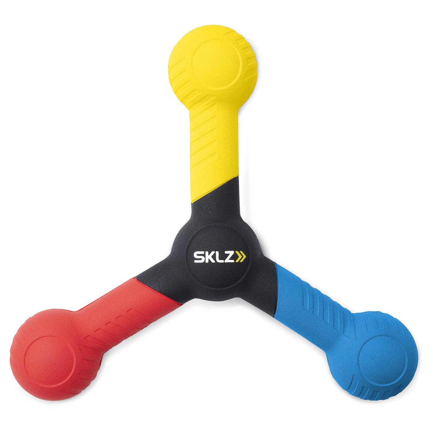 The fidget spinner spins on a black central hub with colored arms in red yellow and blue