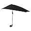 Umbrella is open in a white space, suspended from a string with a weight at the bottom.