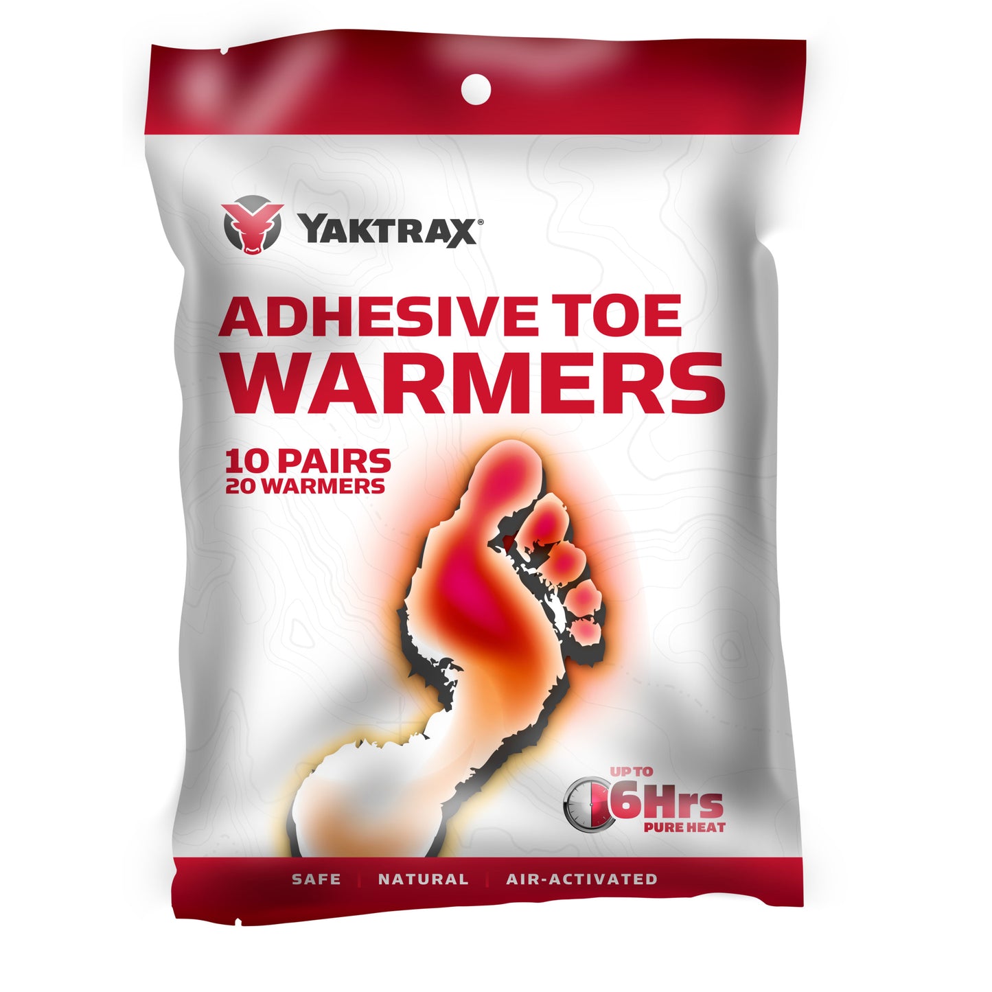Pack of adhesive toe warmers warming toes in a natural environment
