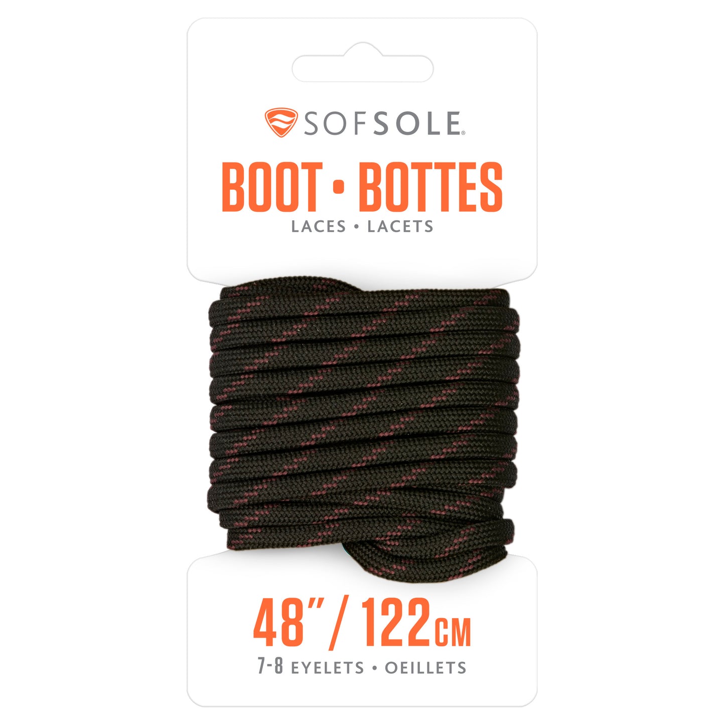 The bootlace is coiled on packaging for shoelaces in a retail environment.
