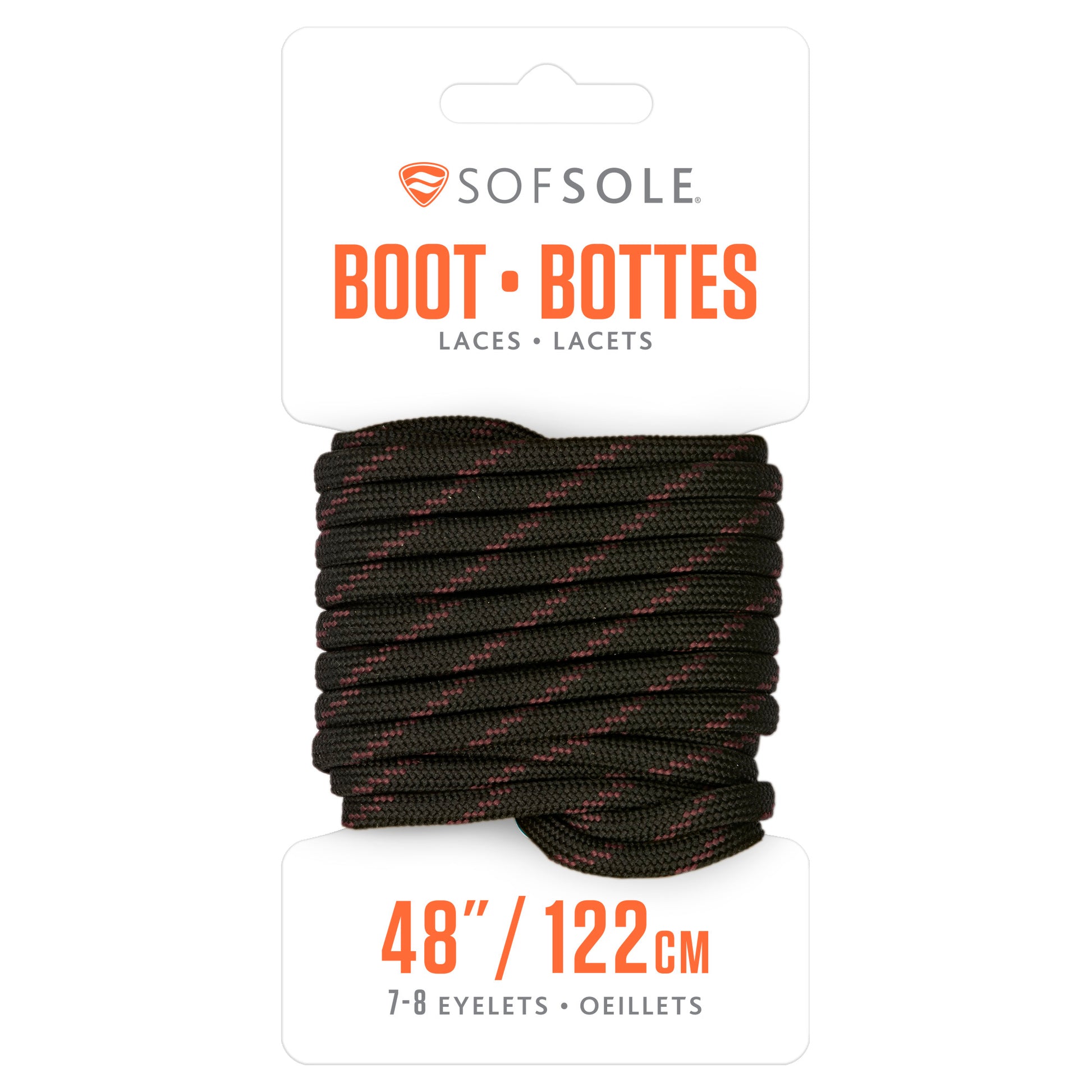 The bootlace is coiled on packaging for shoelaces in a retail environment.