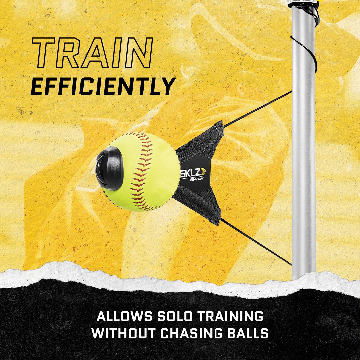 A tennis ball hits a training device attached to a pole for solo practice without chasing balls.