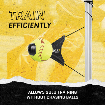 A tennis ball hits a training device attached to a pole for solo practice without chasing balls.