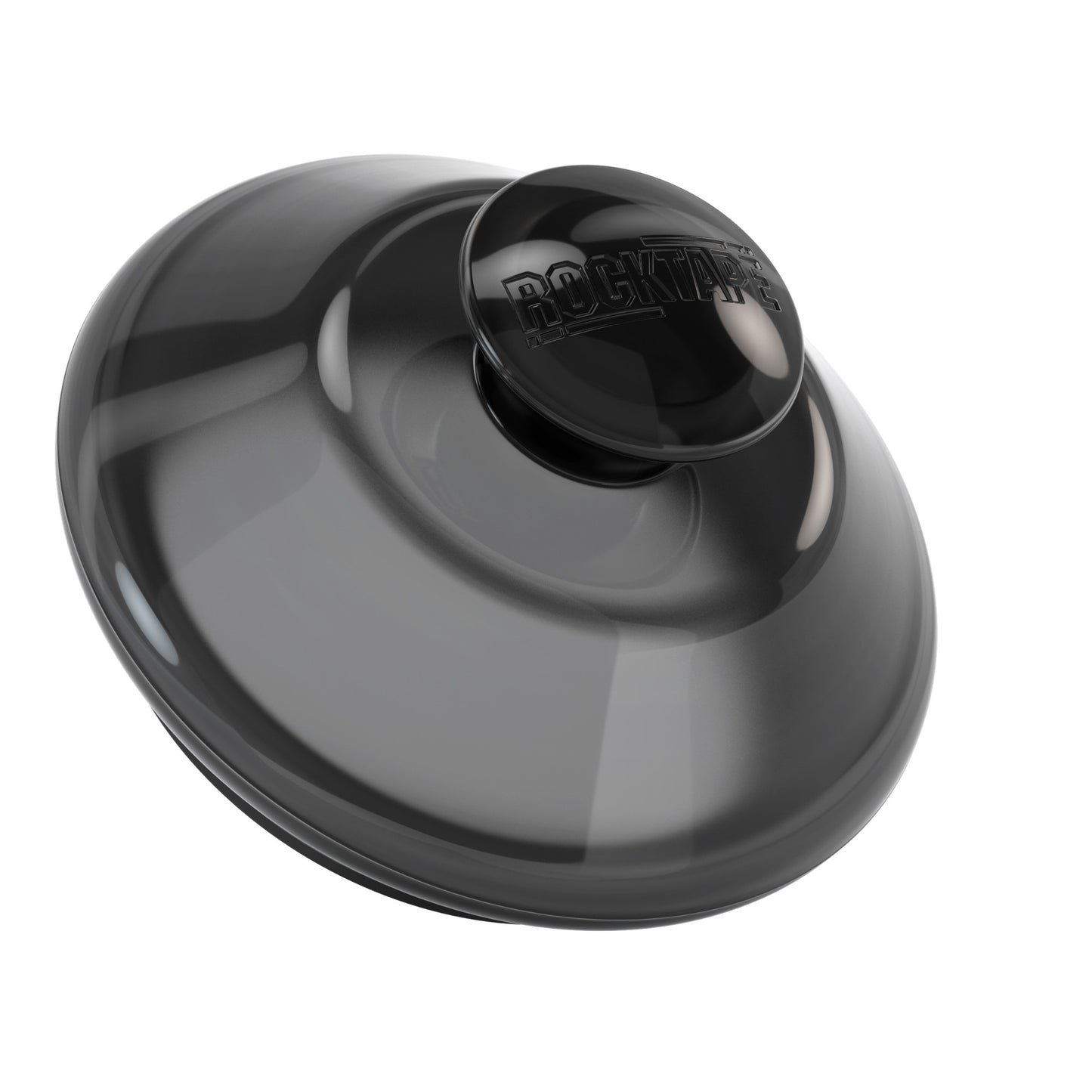 A black and gray gaming joystick is positioned on a white background.