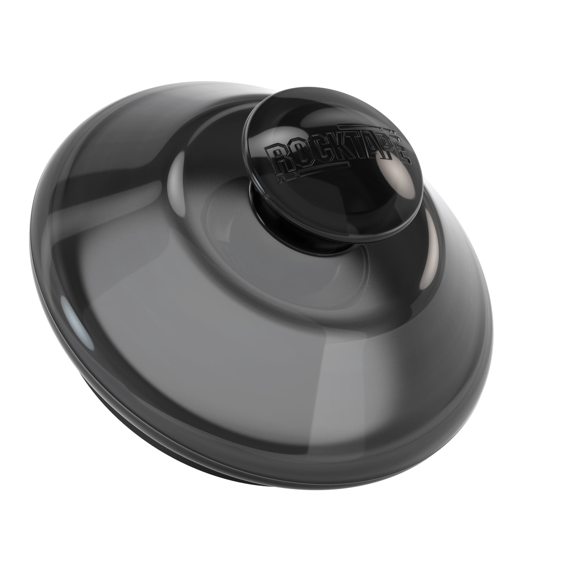 A black and gray gaming joystick is positioned on a white background.