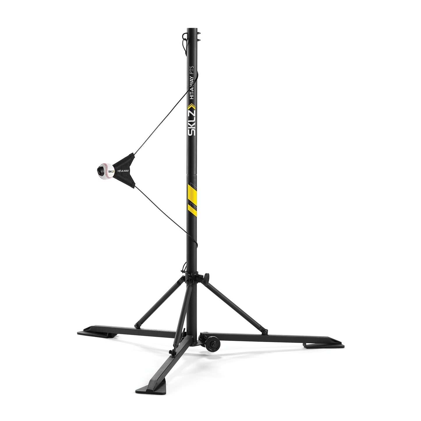 A camera mounted on a vertical black stand with tripod base in a studio setting