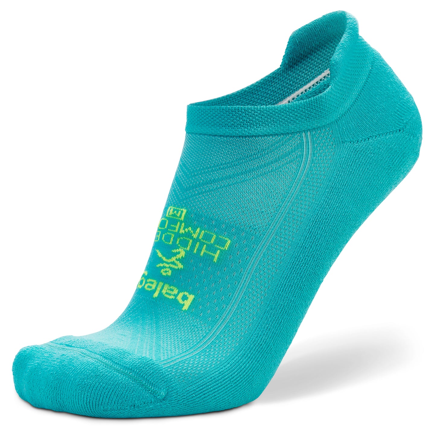 This is a turquoise athletic sock with yellow text lying on a white background.