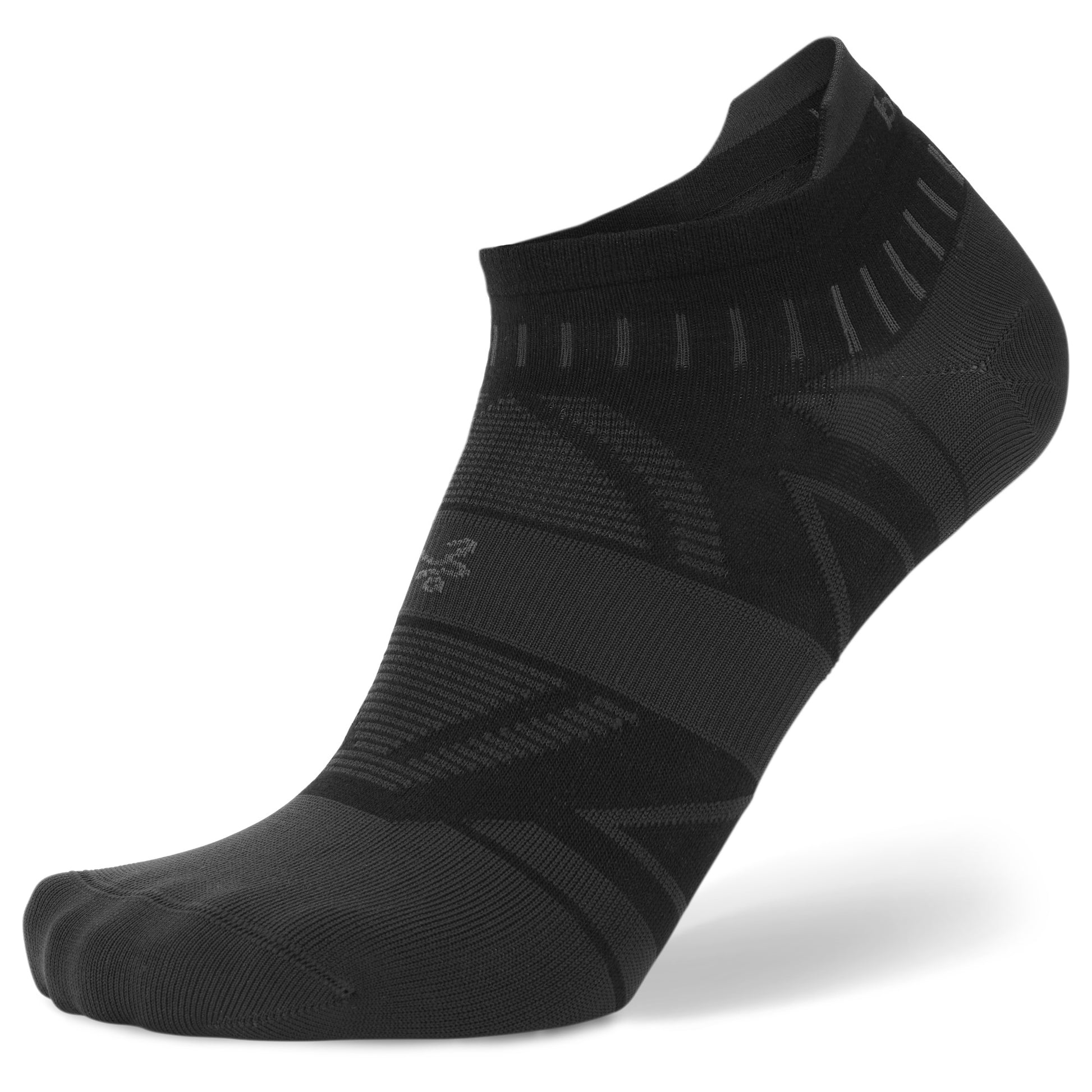The sock is designed for athletic use and features a black color with textured patterns.