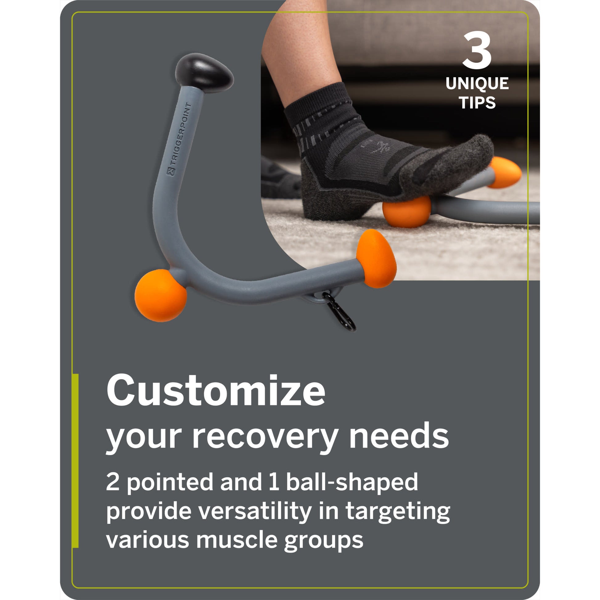 A foot rolls on a ball-shaped object for muscle relief in a workout environment.