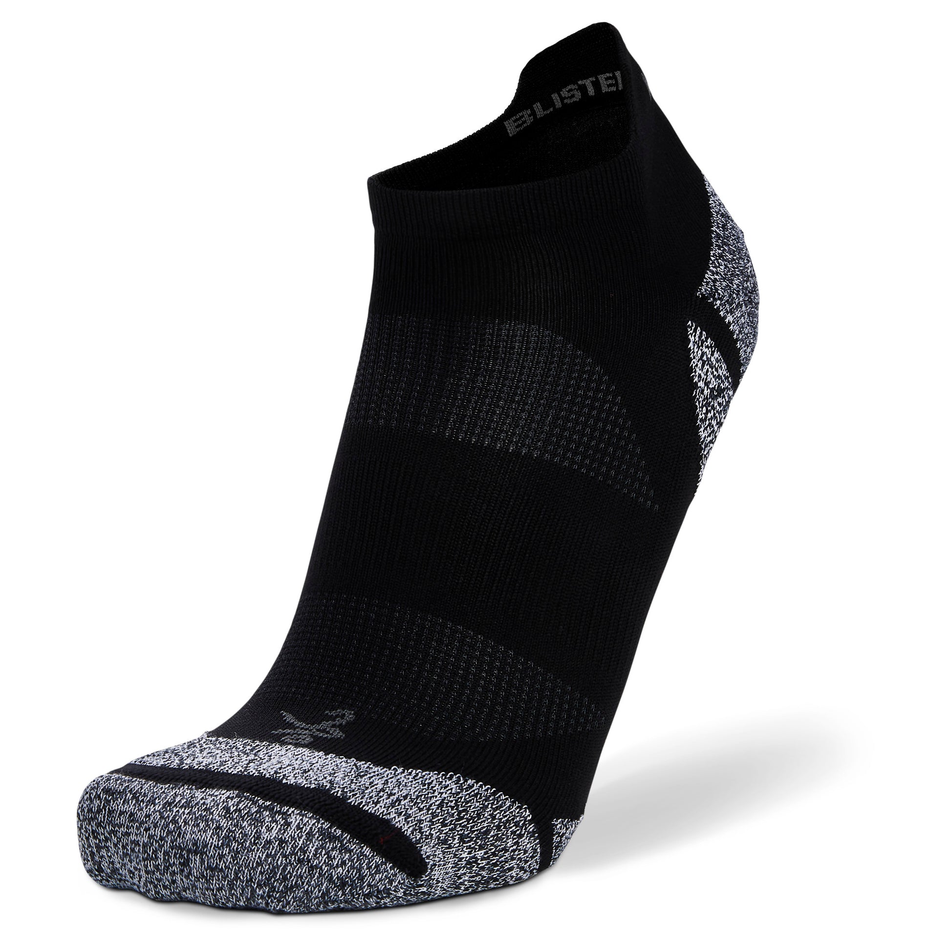 A black and gray running sock with cushioning and support for athletic use