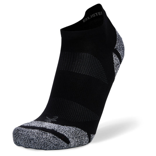 A black and gray running sock with cushioning and support for athletic use