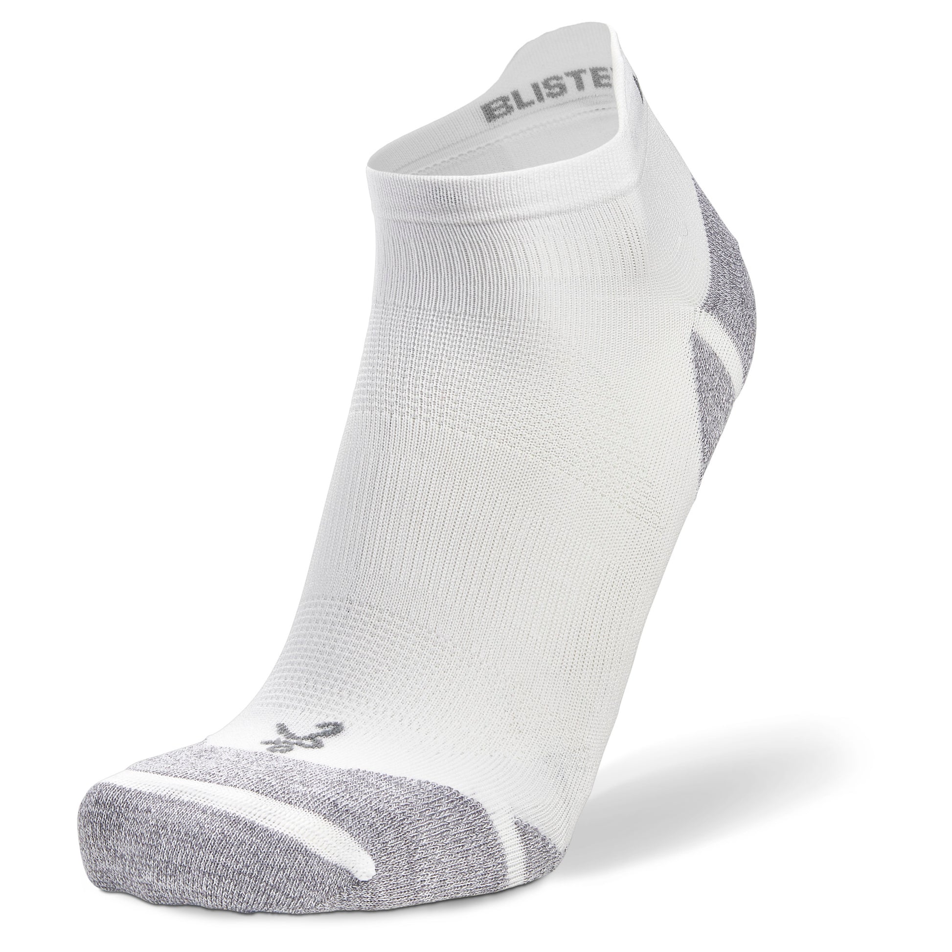 A white athletic ankle sock with gray accents is displayed isolated on a white background.