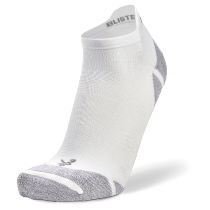 A white athletic ankle sock with gray accents is displayed isolated on a white background.