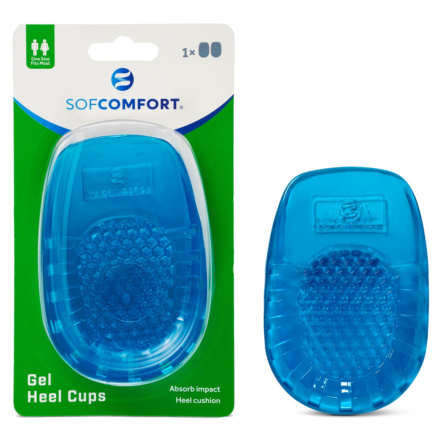 A blue gel heel cushion placed beside its green and white packaging, designed to absorb impact and comfort heels.