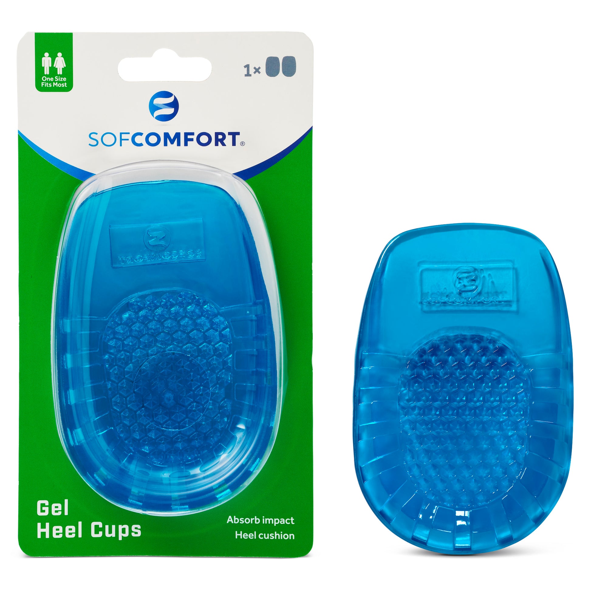 A blue gel heel cushion placed beside its green and white packaging, designed to absorb impact and comfort heels.