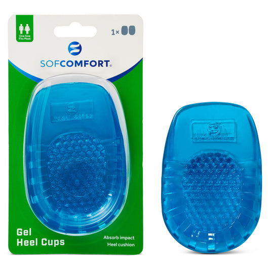 A blue gel heel cushion placed beside its green and white packaging, designed to absorb impact and comfort heels.