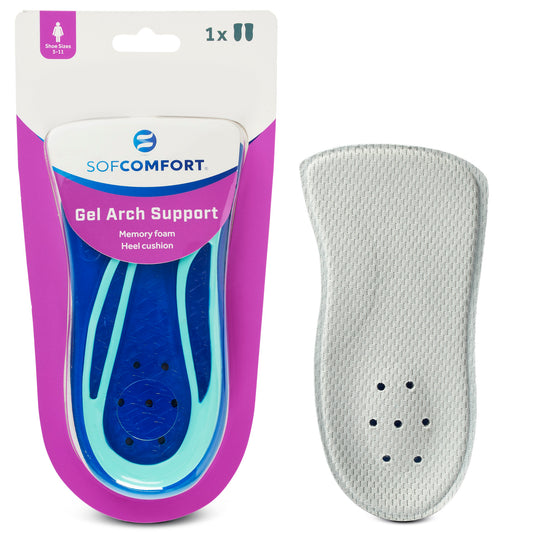 The gel arch support cushion displays a foam insert with holes, designed to fit inside shoes for comfort.