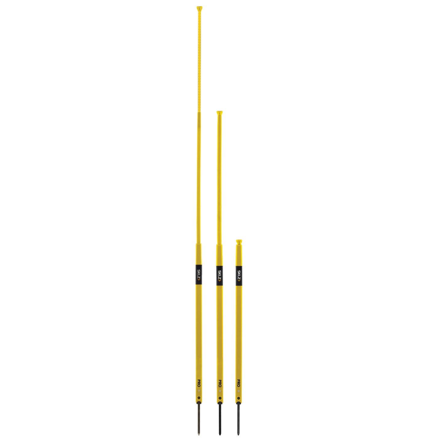 Three yellow hoses with black labels are hanging in a white space