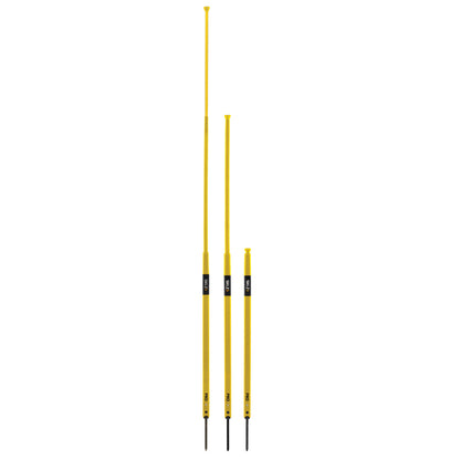 Three yellow hoses with black labels are hanging in a white space