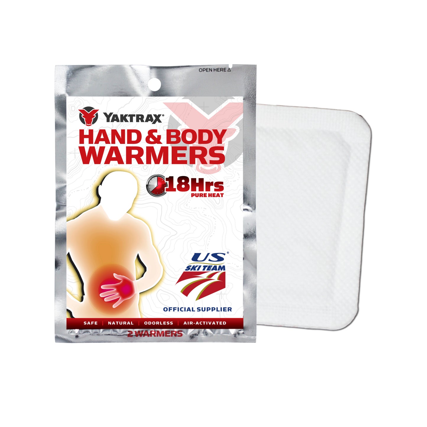 Package of hand and body warmers heats for 18 hours in cold environments.