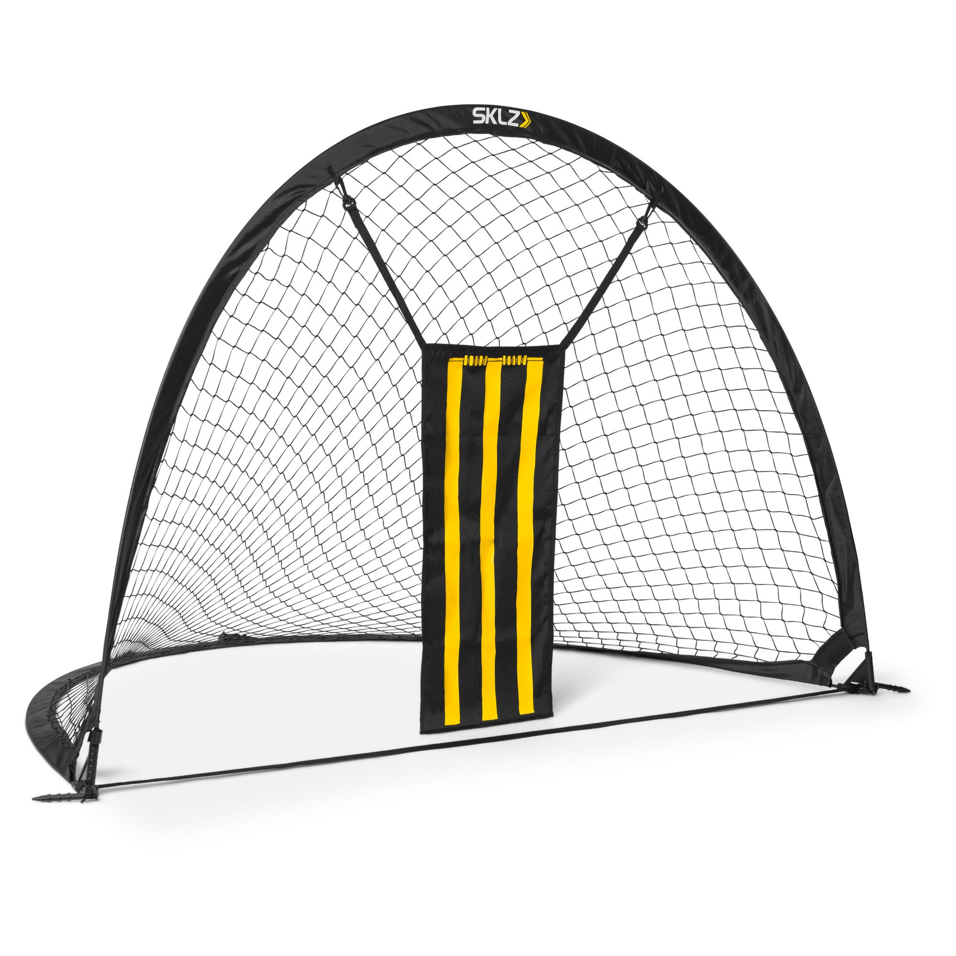 The portable soccer goal stands on a field with a net, ready for practice or game play.