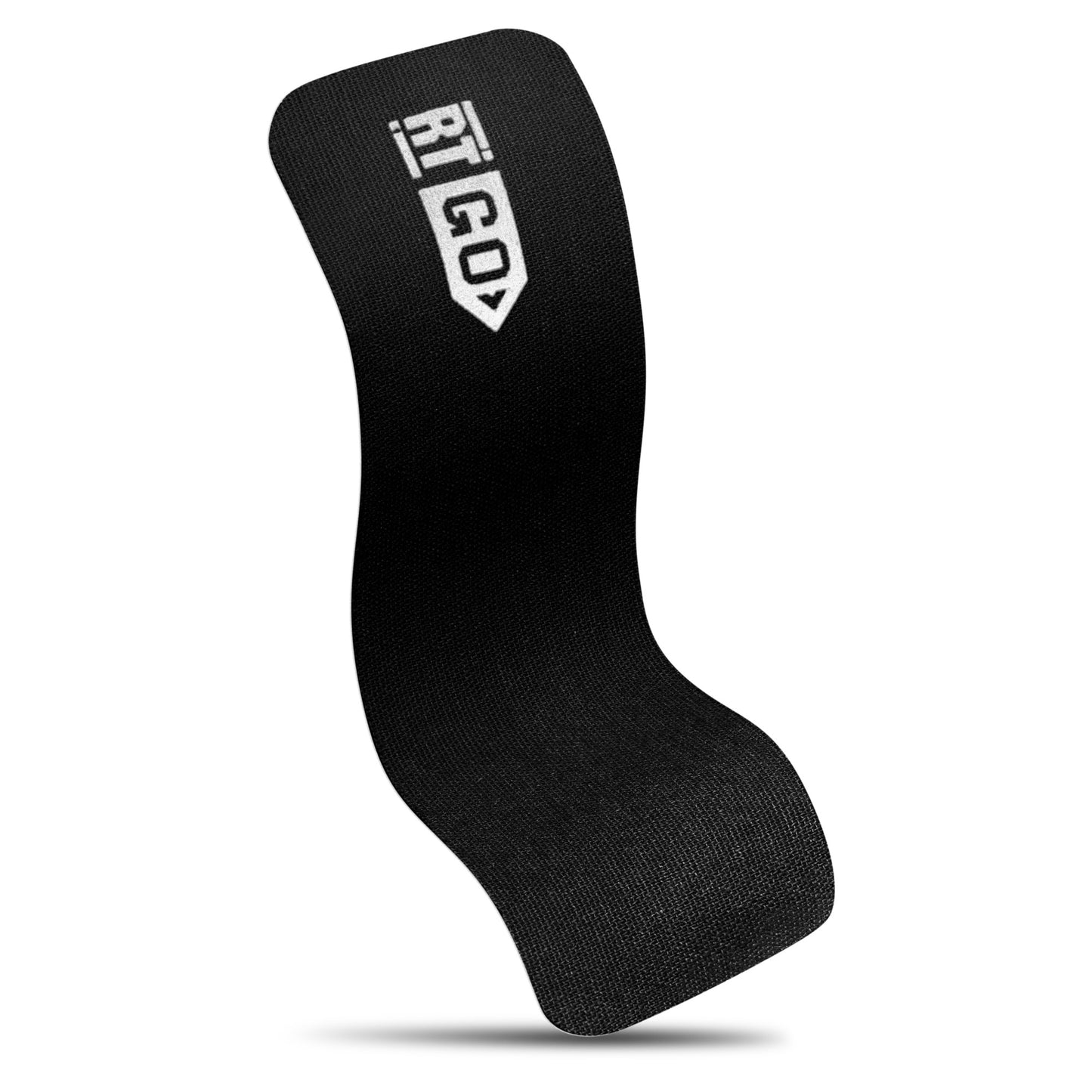 A black sock with a white logo hanging in mid-air on a white background.