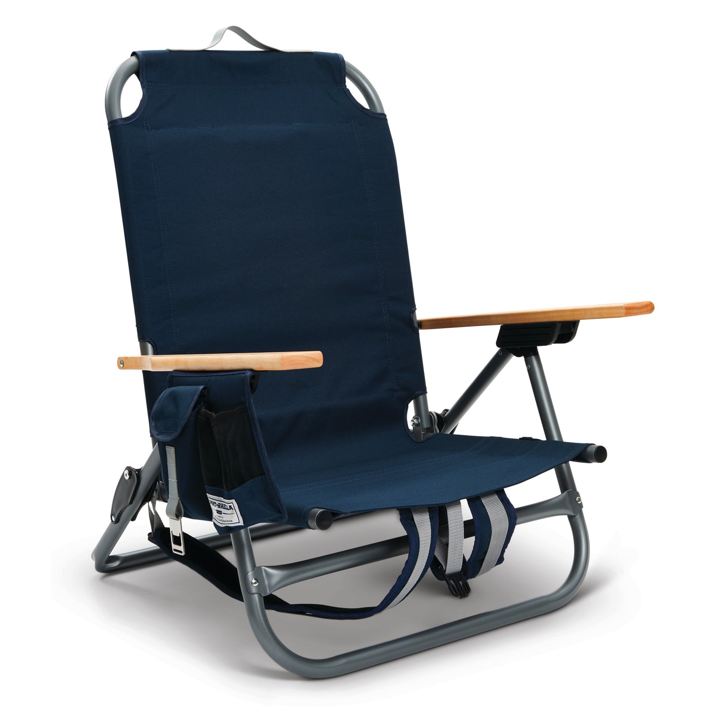 A blue folding chair with wooden armrests on a gray metal frame in a white background.