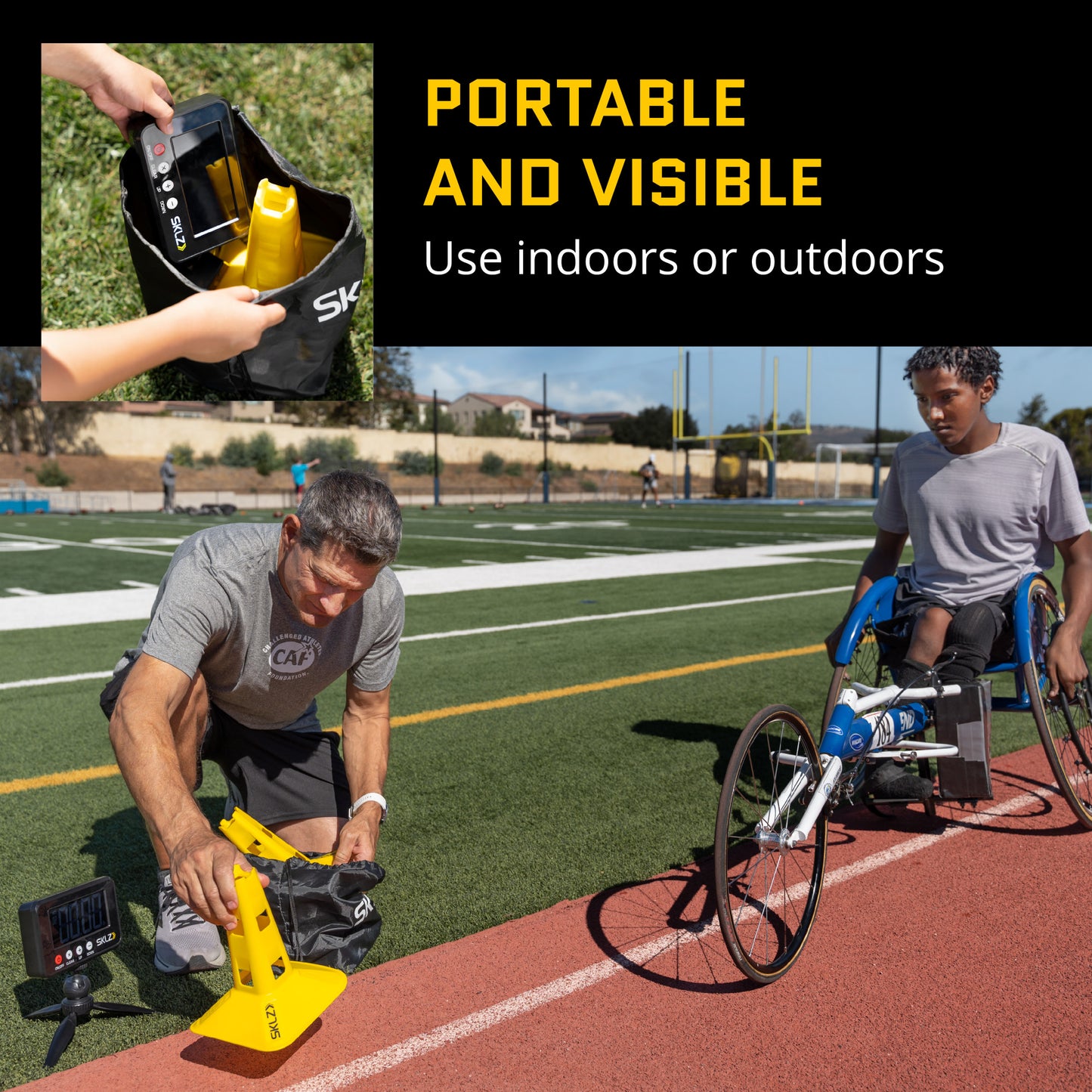A man and a boy with a wheelchair set up a fitness device on a sports track outdoors