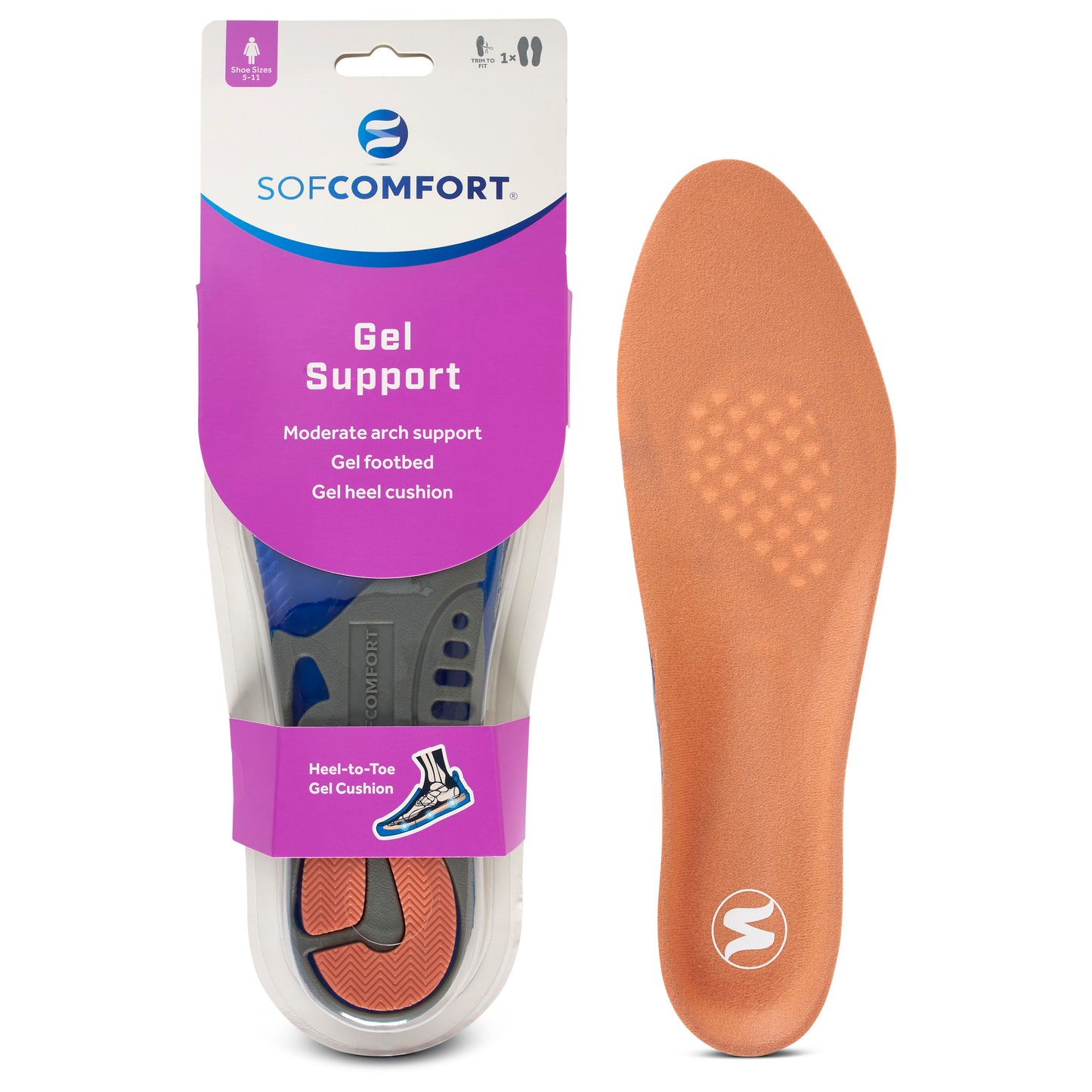 Gel heel cushion supports foot arch inside a shoe, displayed beside its packaging.
