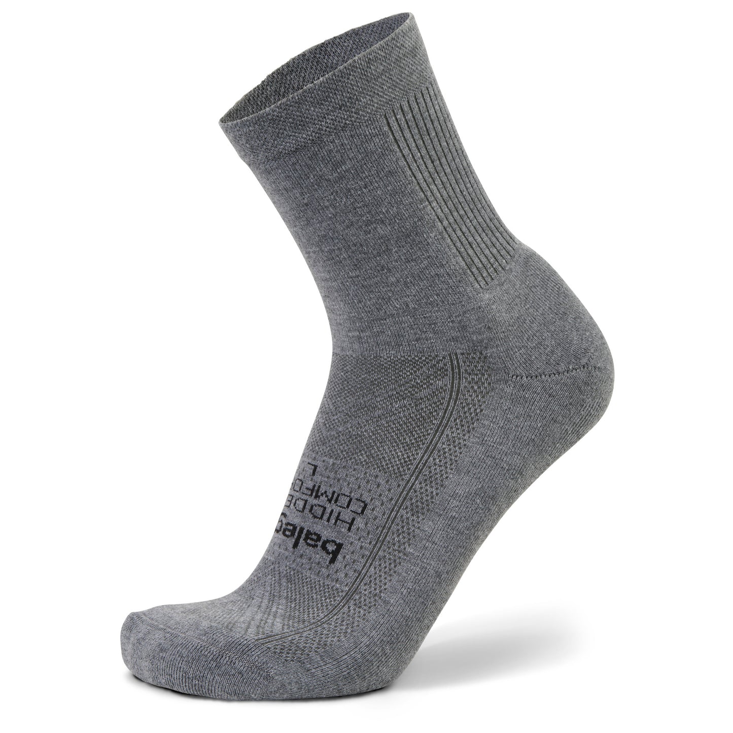 A gray athletic sock displays on a foot model in a neutral setting.