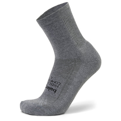 A gray athletic sock displays on a foot model in a neutral setting.