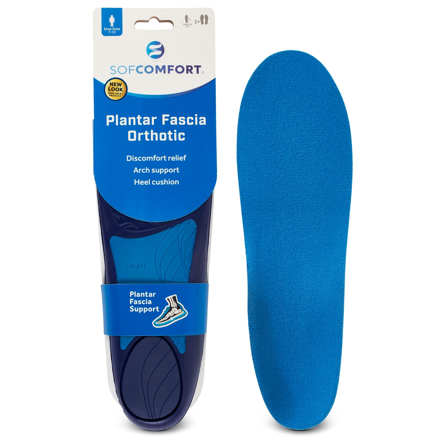 A blue orthotic insoles supports feet and relieves discomfort inside their packaging and next to it.