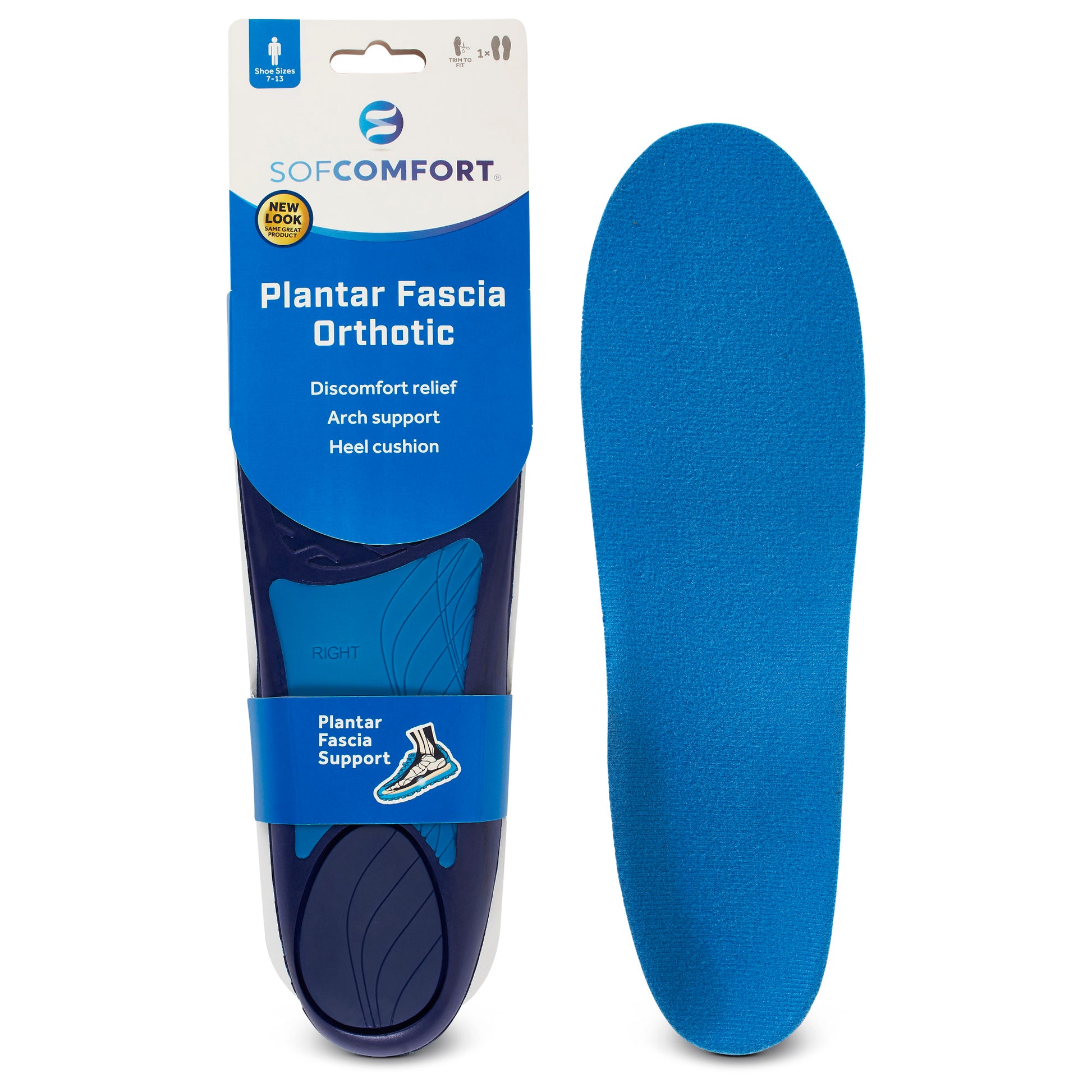A blue orthotic insoles supports feet and relieves discomfort inside their packaging and next to it.