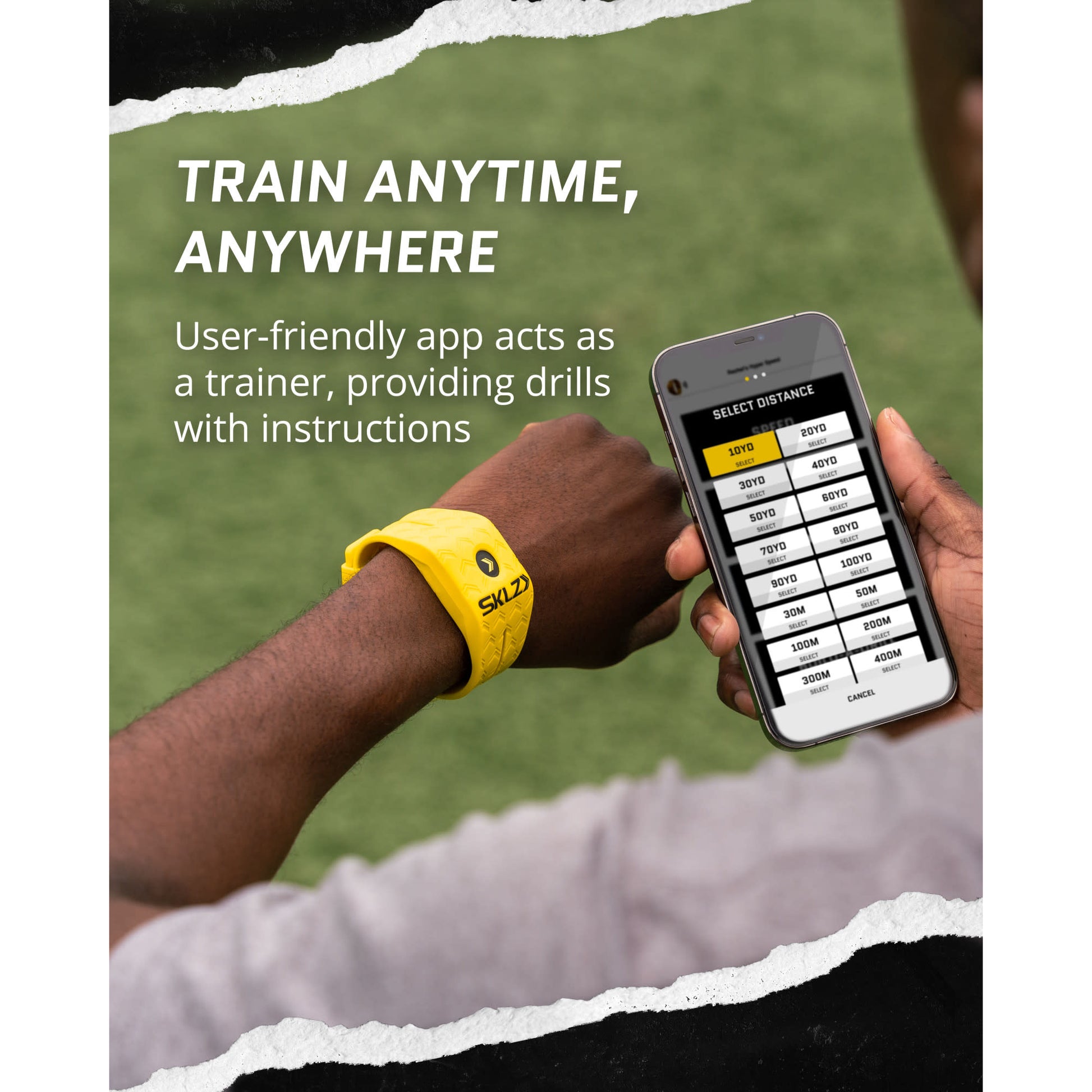 A person uses a smartphone app for workout drills while wearing a yellow fitness wristband.