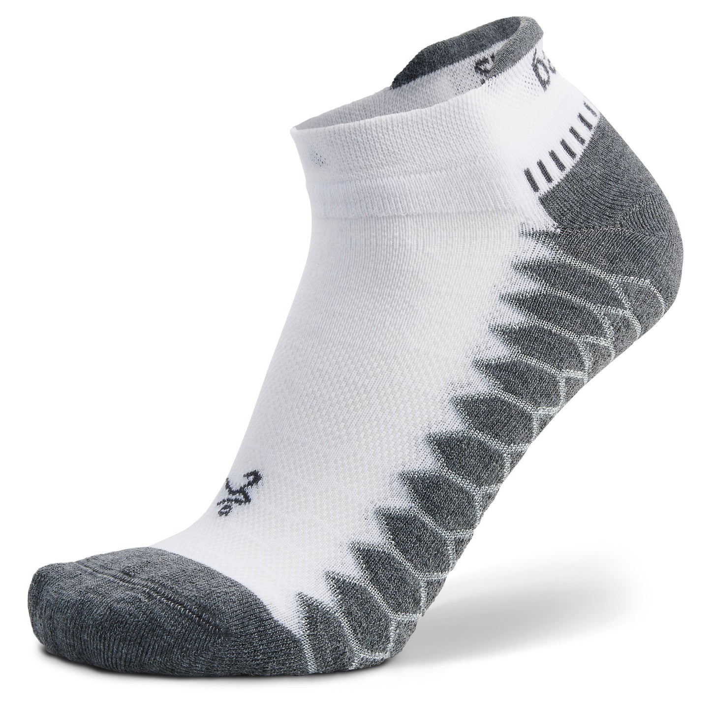 A running sock offers support in a neutral-colored environment.
