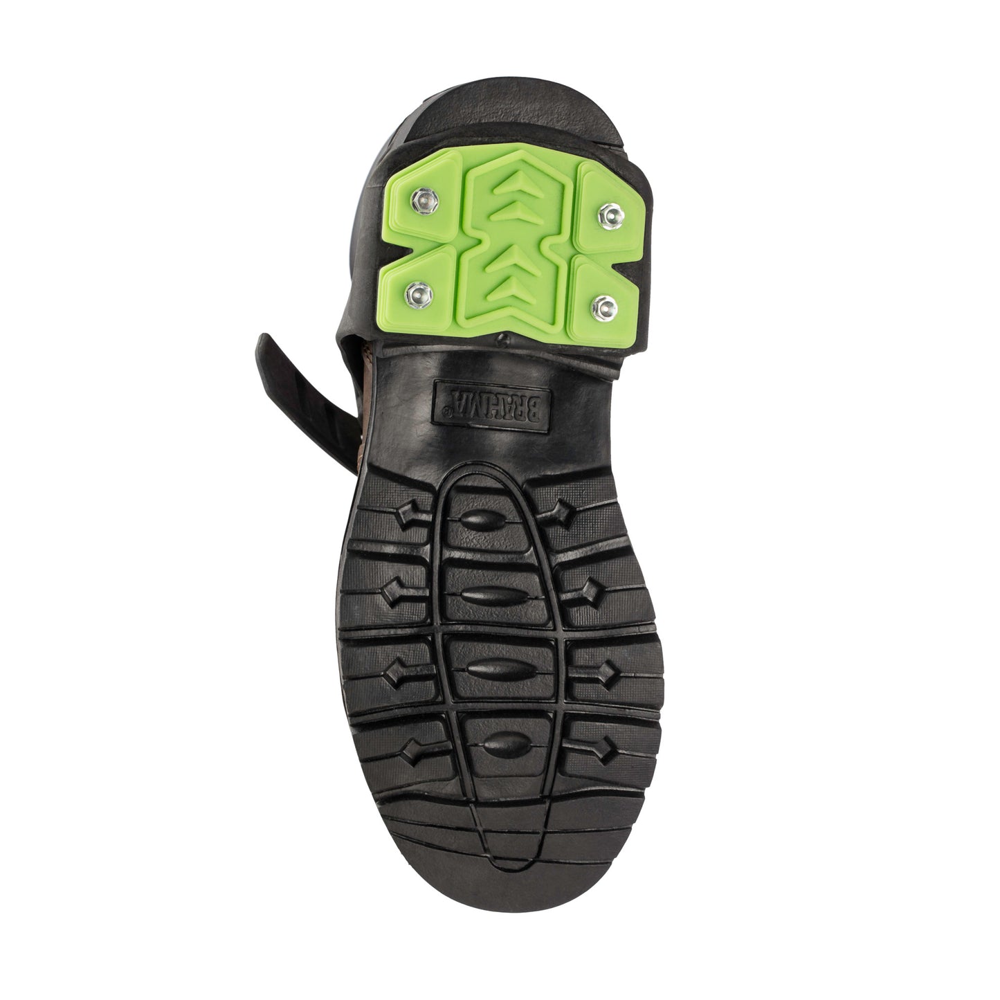 Rubber sole with green heel pad supports gripping on outdoor terrain