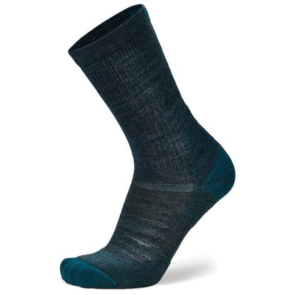 Side (outer) view of blue spruce Hike crew socks, by Balega