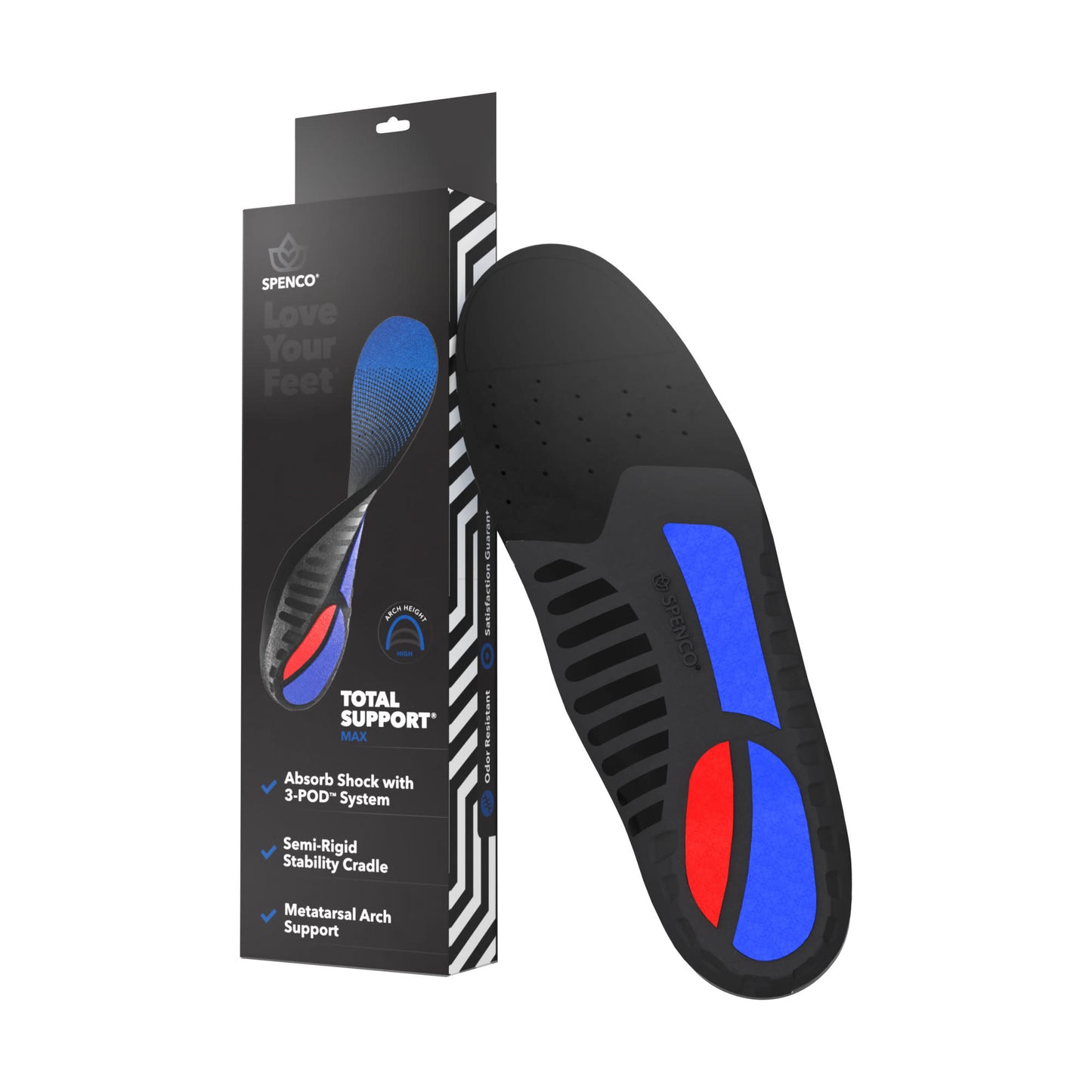 An orthotic shoe insole supports feet on retail packaging displaying features and branding.