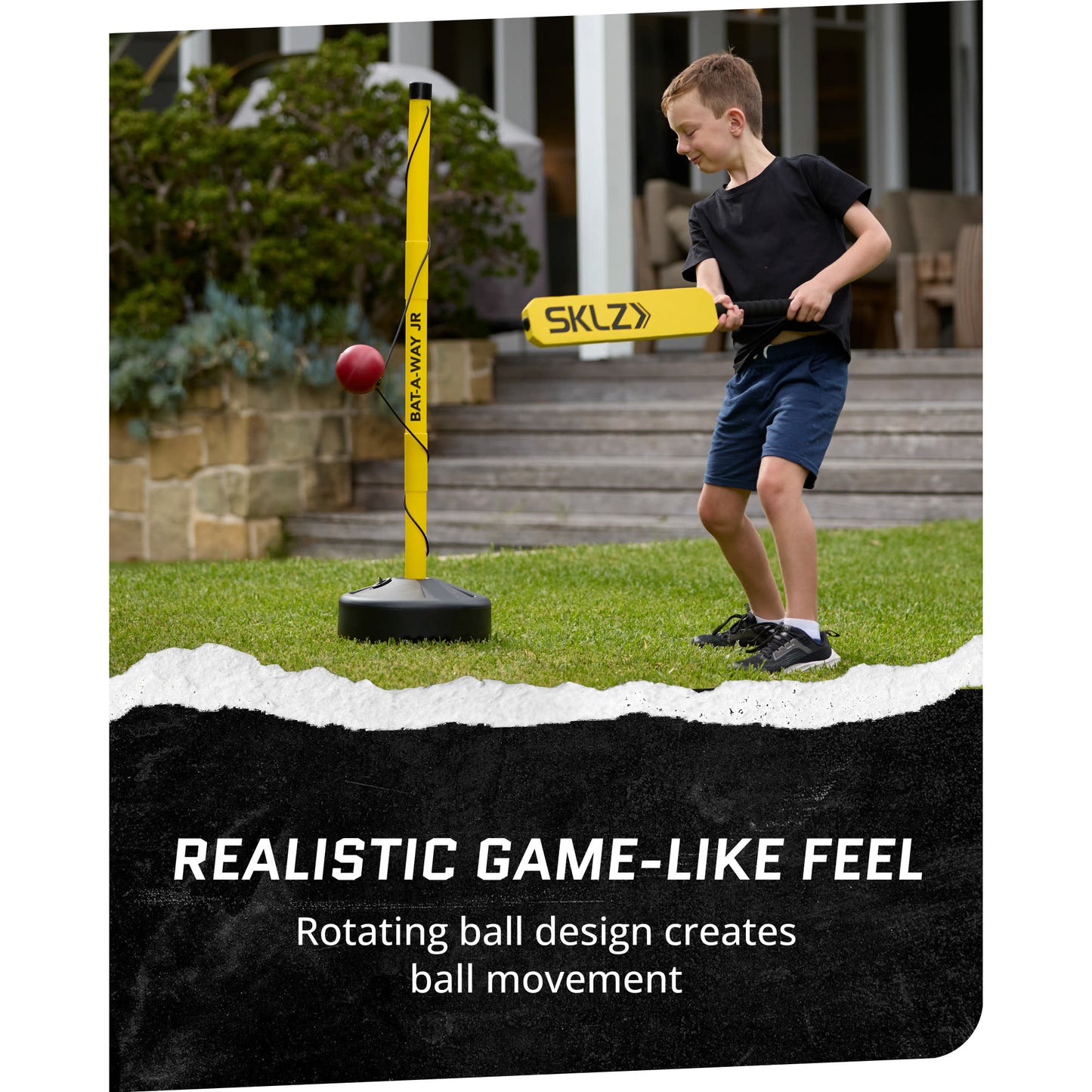 In use shot of a boy using the SKLZ Cricket Bat-a-Way Jr. swing trainer in a yard with overlay text highlighting realistic game feel