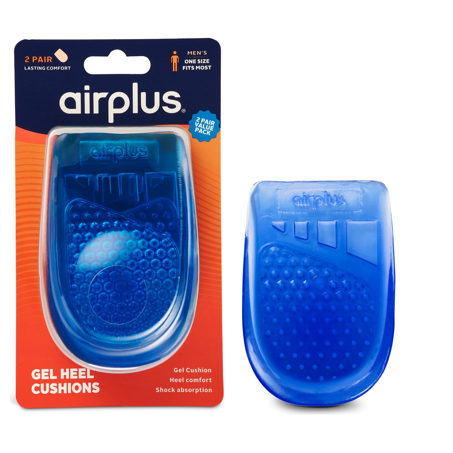 Gel heel cushions are displayed as oval-shaped blue inserts, with one inside packaging and one outside.