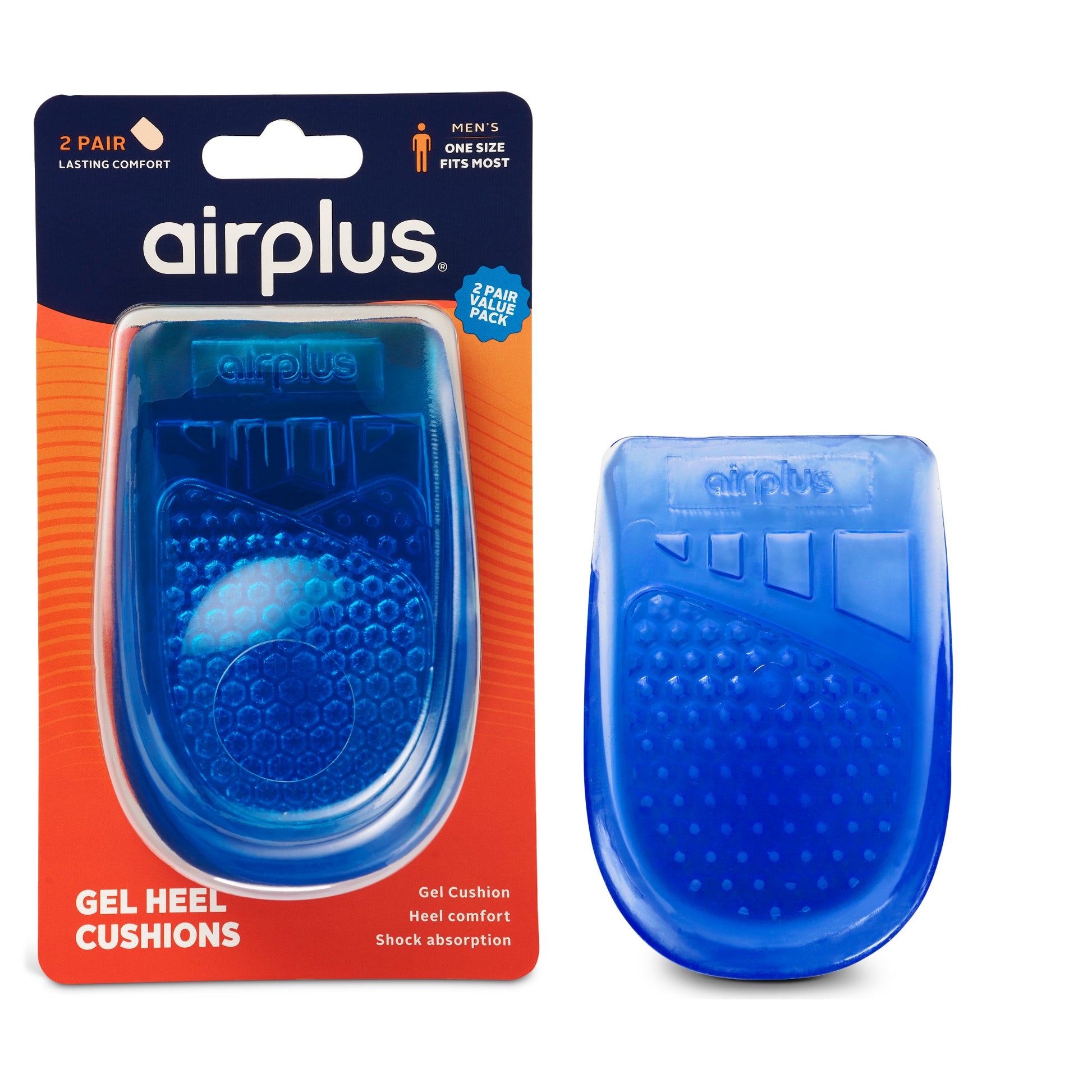 Gel heel cushions are displayed as oval-shaped blue inserts, with one inside packaging and one outside.