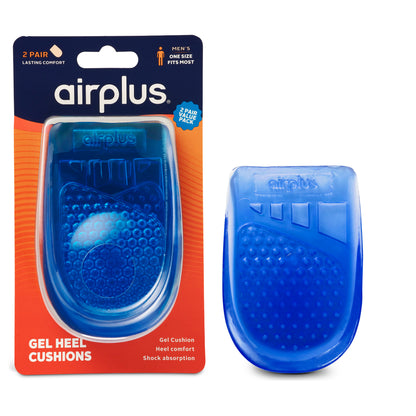 Gel heel cushions are displayed as oval-shaped blue inserts, with one inside packaging and one outside.