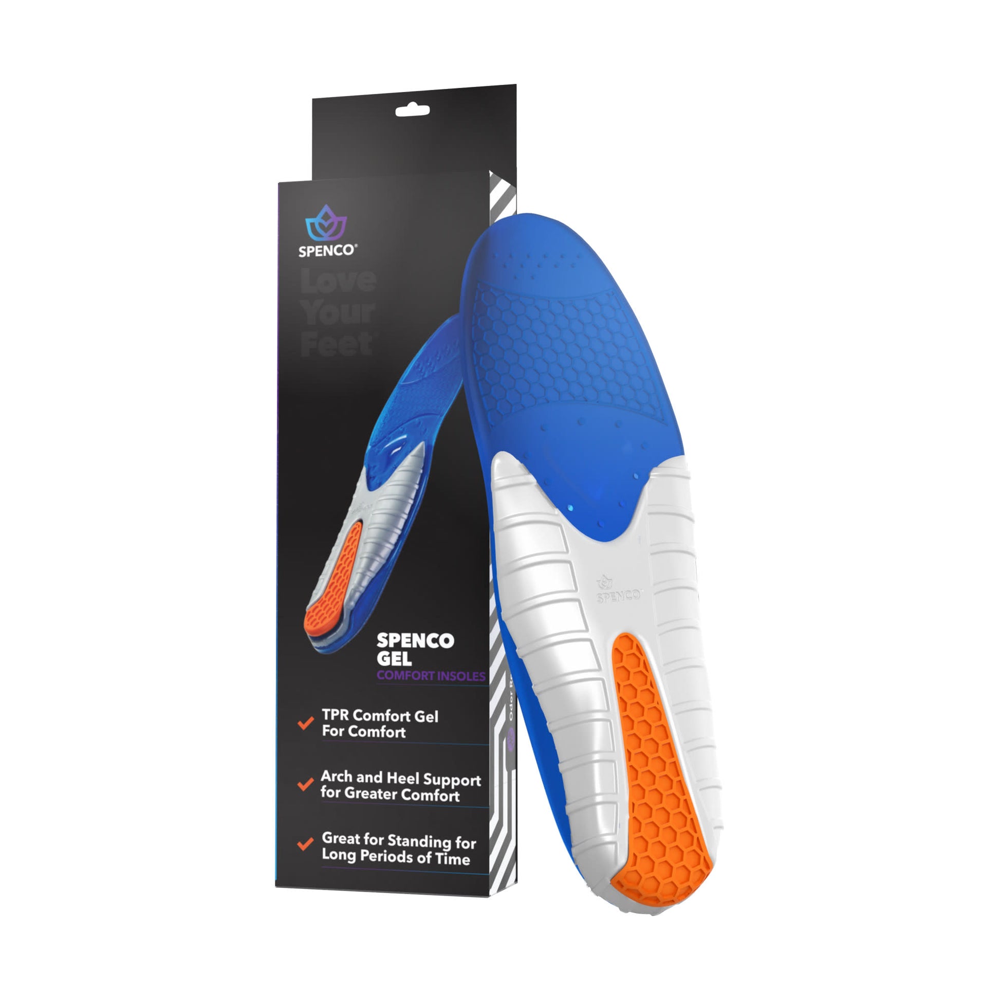 The shoe sole provides comfort and support for standing long periods in retail or workspace.
