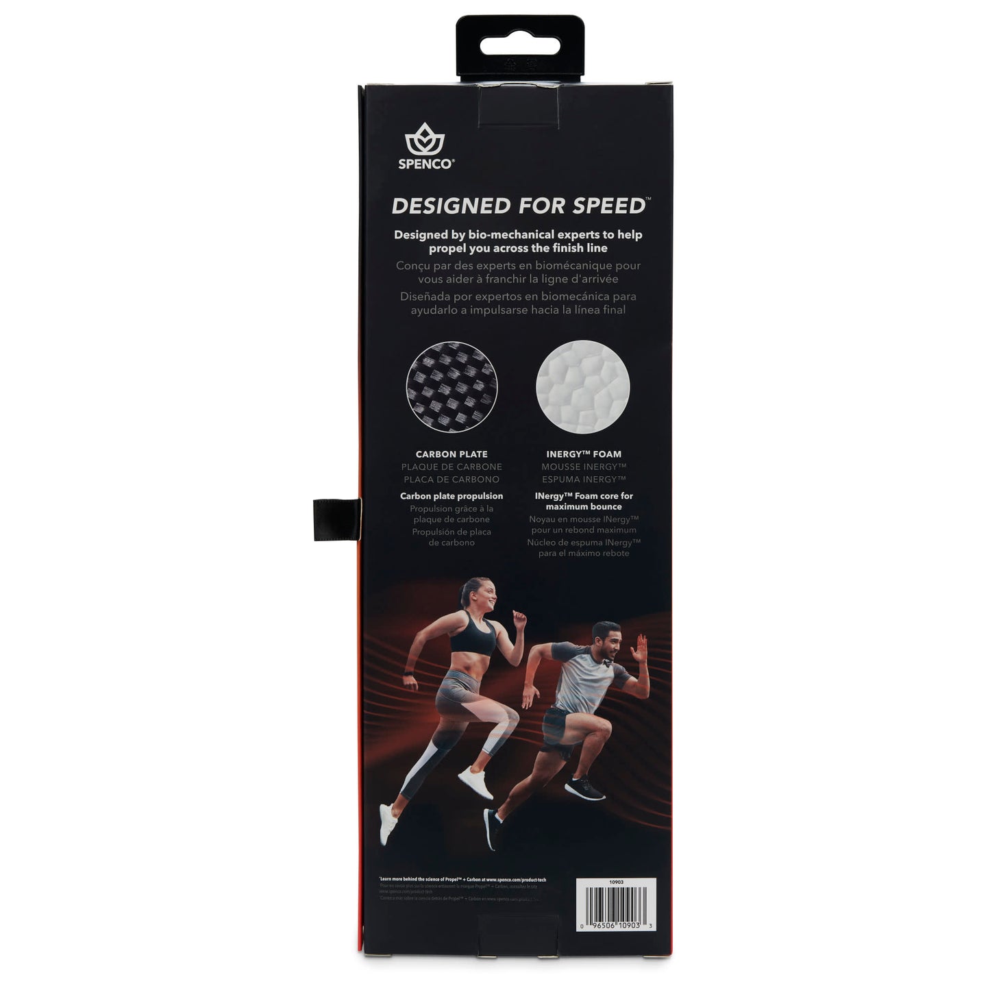 The packaging features athletes running to showcase the shoes' performance and comfort.